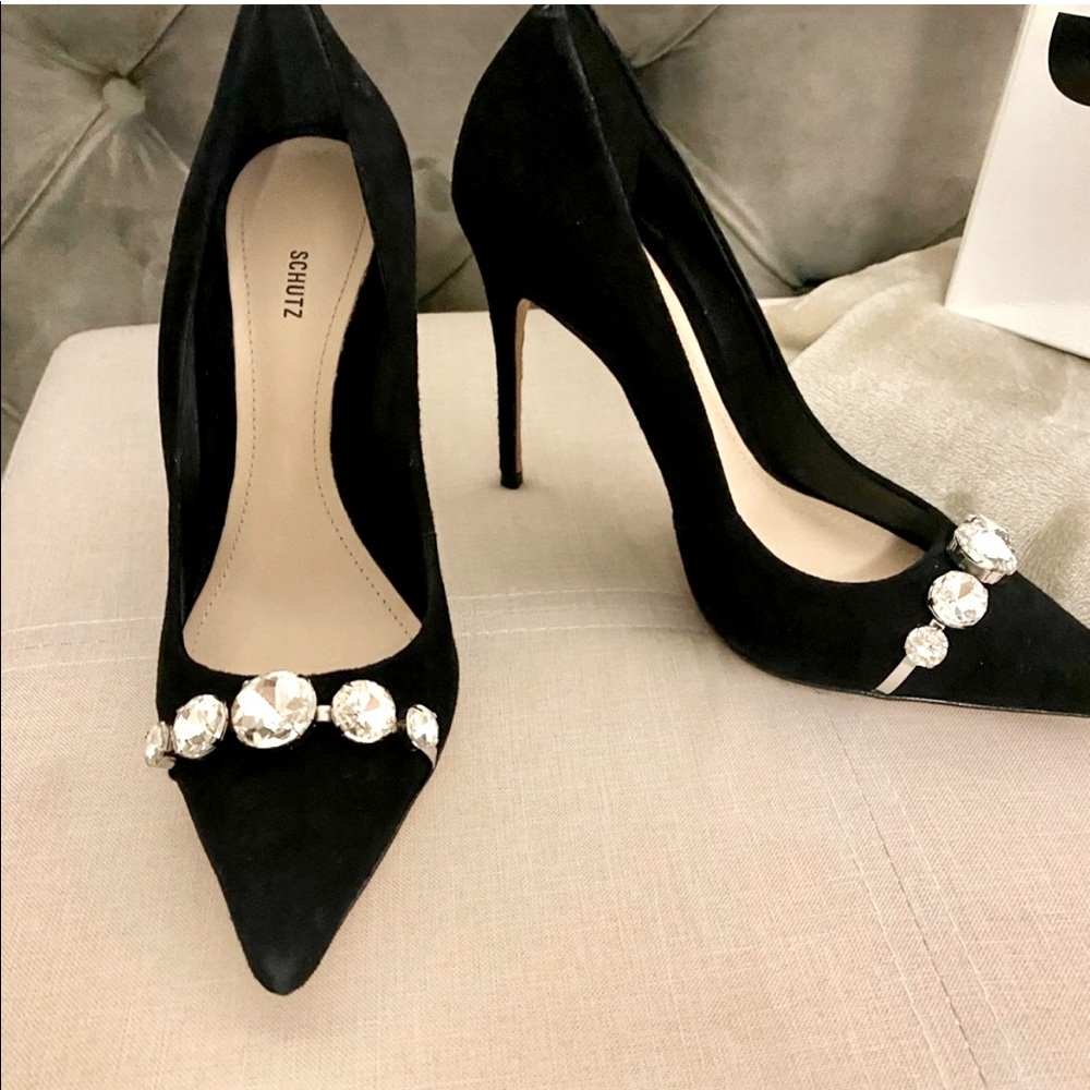 Schutz MuryAnne Black Suede Embellished Pumps